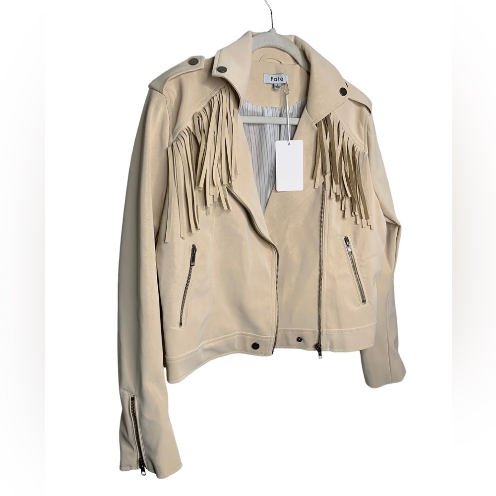 NWT FATE Vegan Leather Fringe Moto Jacket Size Large Cream Color - Picture 2 of 9